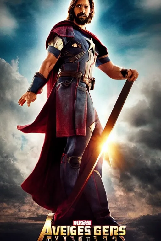 Image similar to poster for a jesus christ avengers movie, jesus posing with his cross as a weapon, photorealistic, cinematic lighting, extremely detailed, marvel cinematic universe