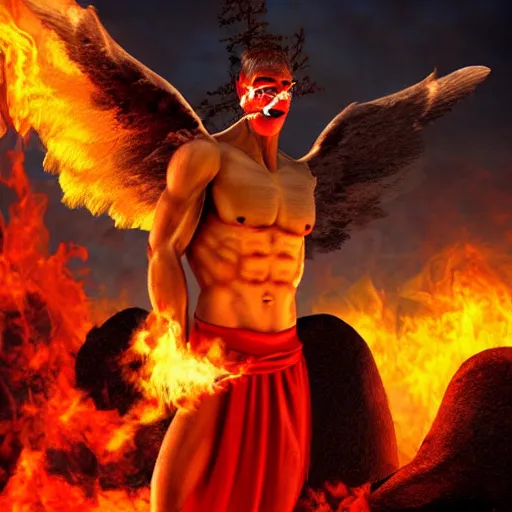 Prompt: fire-eating angel at top of the Mountain. Muscular covered with black toga. High resolution. Digital art. Einar Jonsson. Artstation.