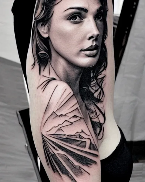 Image similar to creative double exposure effect tattoo design sketch of beautiful gal gadot faded with beautiful mountain scenery, realism tattoo, in the style of matteo pasqualin, amazing detail, sharp