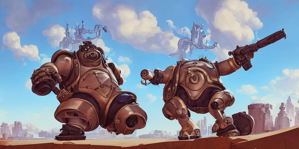 Image similar to roadhog from overwatch in style of the 1 9 9 0 disney cartoon, cinematic shot, octane render dieselpunk style, steampunk, art by jean giraud and moebius ; architecture by francois schuiten, illustration, drawing, painting, clean lines, digital art, symmetric, retrofutur, detailed, artstation