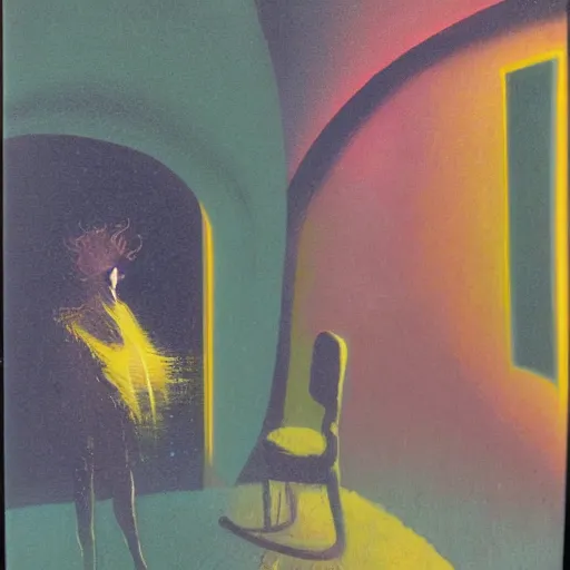 Image similar to a gust of night pushed its way in the door, by jack gaughan, oil on canvas