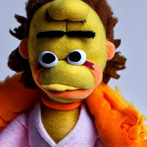 Image similar to morty smith as a muppet with peach skin, shirt brown hair and yellow tshirt. highly detailed felt. hyper real photo. 4 k.