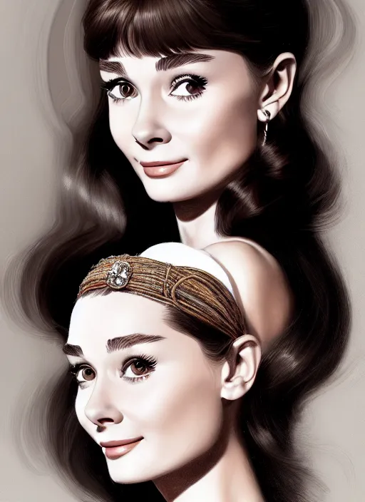 Image similar to portrait of young audrey hepburn with bangs, 1 9 7 0 s, long hair, groovy hairband, bangs, intricate, elegant, glowing lights, highly detailed, digital painting, artstation, concept art, smooth, sharp focus, illustration, art by wlop, mars ravelo and greg rutkowski