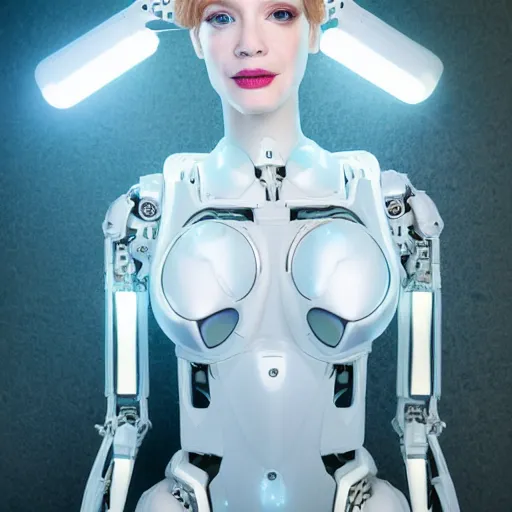 Prompt: beautiful centered Fine art photo portrait of quietly excited Christina Hendricks as a solarpunk robotic humanoid, white mechanical parts with led lights, photorealistic, white background, highly detailed and intricate, sunset lighting, HDR 8k