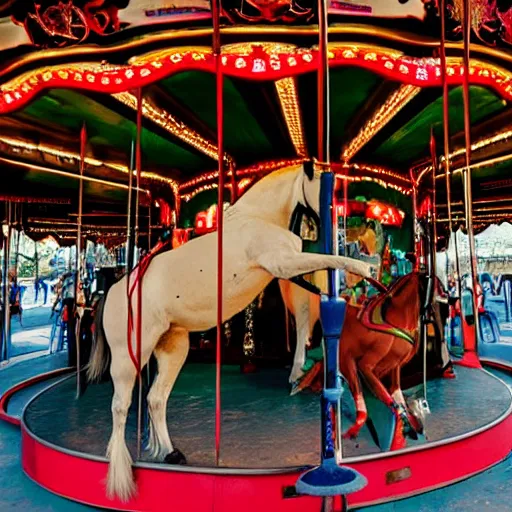 Prompt: horse with plunger in head on a carousel