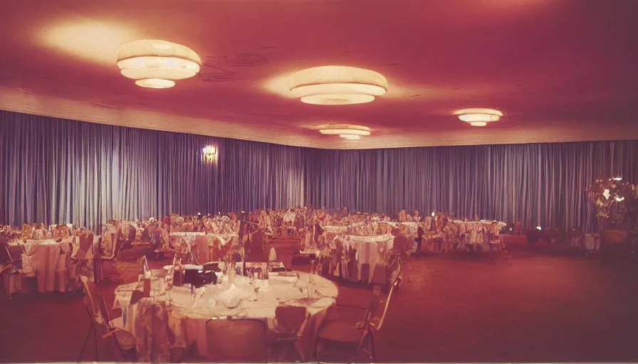 Image similar to 70s movie still of a ballroom with a very high ceiling, cinestill 800t Technicolor, heavy grain, high quality, criterion collection, liminal space style