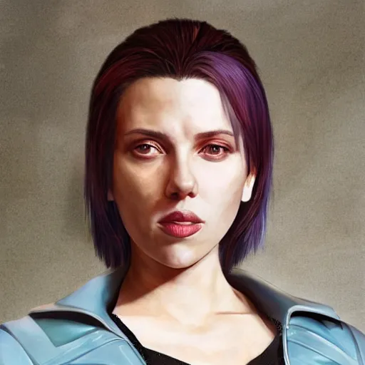 Image similar to a beautiful medium - shot still of scarlett johansson as the major motoko kusanagi from ghost in the shell, cyberpunk style, looking off into the distance, angled bob hairstyle, black hairs, ultra realistic, soft, blue hour, soft neons light from night city falling on her face. focus on her eyes and brows. by annie leibowitz