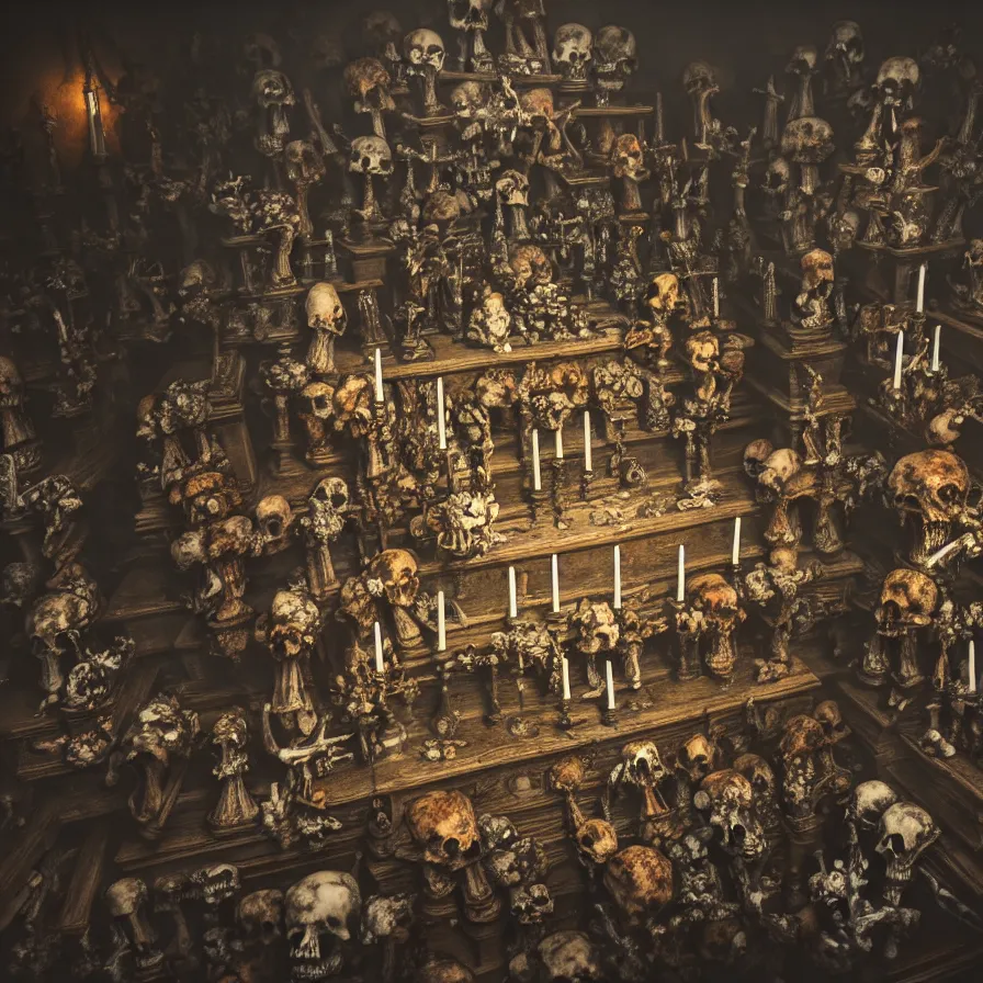 Prompt: full color, low ultrawide interior shot of sedlec ossuary, bones, anime style mixed with fujifilm, oil on canvas, hdr, dark, foggy, atmospheric, artstation, cgsociety, octane render, cgi, denoise, detailed, cinematic masterpiece