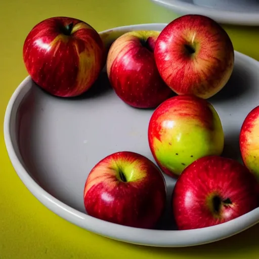 Prompt: a wide angle side view realistic photo of only 3 apples on a colorful plate, award winning