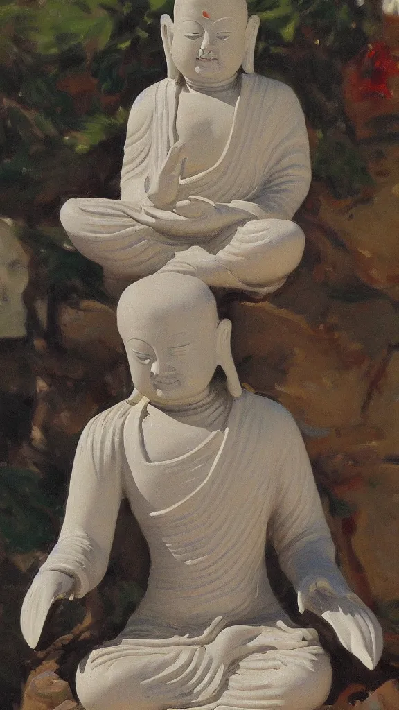 Image similar to porcelain budda statue having rabbit ears painted by john singer sargent