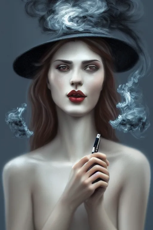 Image similar to Sad woman smoking a gigarette, wearing hat made of smoke and ashes, fantasy, intricate, elegant, highly detailed, digital painting, artstation, concept art, smooth, sharp focus, illustration, art by Ilja Repin