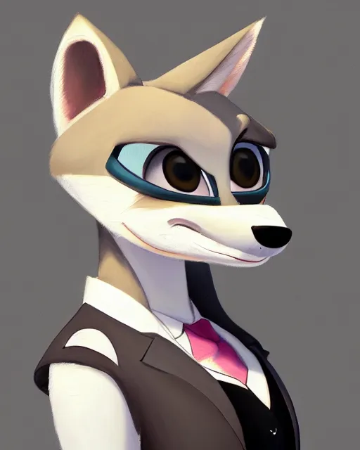 Image similar to oil painting of anthromorphic female wolf, in style of zootopia, zootopia, zootopia, fursona, furry, furaffinity, 4 k, deviantart, furry art, fursona art, wearing black business suit, business suit, in style of zootopia, wolf fursona, cyberpunk, female, expressive detailed feminine face,
