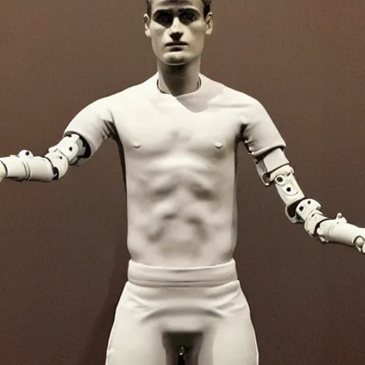 Image similar to “ a realistic detailed photo of a guy who is an attractive humanoid who is half robot and half humanoid, who is a male android, soccer player antoine griezmann, shiny skin, posing like a statue, blank stare, at the museum, on display ”