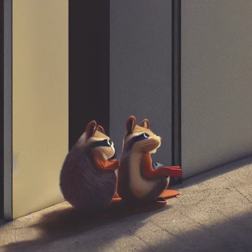 Image similar to two chipmunks, chip and dale, smoking cigarettes, brutalist plattenbau houses at background, cinematic lighting, rainy weather, melancholy atmosphere, volumetric light, gothic architecture, realistic reflections, model agency, instagram photo, depression atmosphere, shot on sony a 6 4 0 0 camera, beauty filter, postprocessing