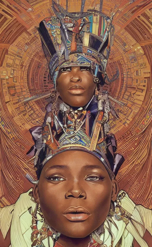 Image similar to a retro futuristic african tribal chief, art by joseph christian leyendecker, design blocking by alphonso mucha, poster design by drew struzan, highly detailed, digital painting, concept art, smooth sharp focus, intricate, symmetry,