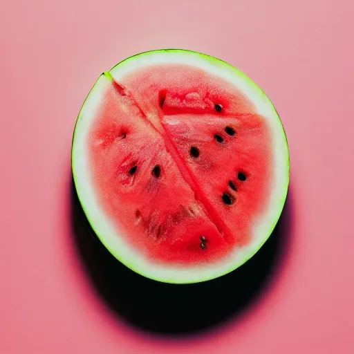 Prompt: A photograph of a watermelon behind a light pink background