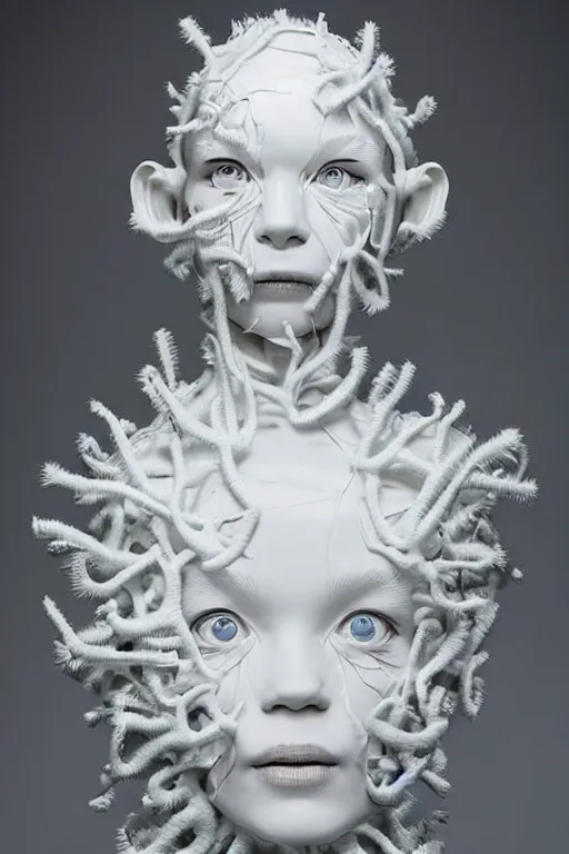 Prompt: full head and shoulders, bjork porcelain sculpture, smooth, delicate facial features, white eyes, white lashes, detailed white, lots of 3 d cyborg elements, prosthetic, anatomical, all white features on a white background, by daniel arsham and james jean