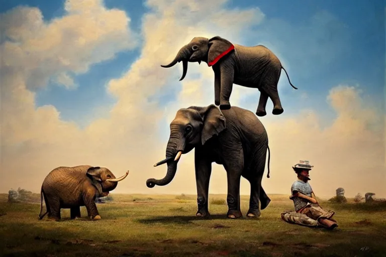 Prompt: Beautiful painting of an elephant sitting on the back of a flying hen by wes anderson, trending on artstation , 8k