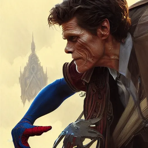 Image similar to handsome Willem Dafoe as Spider-Man, western, D&D, fantasy, intricate, elegant, highly detailed, digital painting, artstation, concept art, matte, sharp focus, illustration, art by Artgerm and Greg Rutkowski and Alphonse Mucha