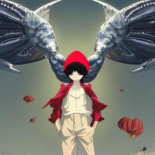 Image similar to 4K headshot of mothman with a mushroom hat and rouch clothes with giant wings , intricate face , flawless anime cel animation by Manabu Oshashi and Satoshi Kon, professionally post-processed , beautiful, scary, symmetry accurate features, epic, octane rendered, anime masterpiece, accurate