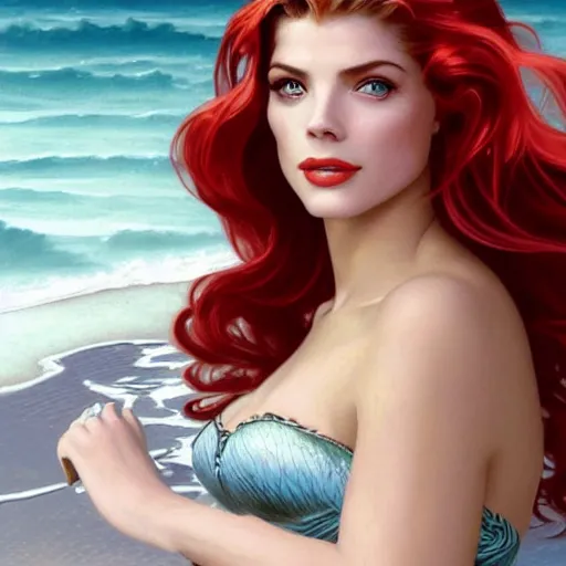 Image similar to A combination of Grace Kelly's and Katheryn Winnick's and Ashley Greene's faces with red hair as a mermaid half submerged on the beach, western, fantasy, intricate, elegant, highly detailed, digital painting, artstation, concept art, matte, sharp focus, illustration, art by Artgerm and Greg Rutkowski and Alphonse Mucha