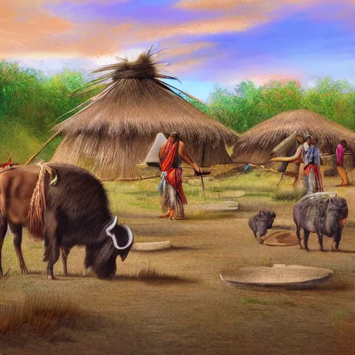 Image similar to digital painting highly detailed photo of a native indian village after a successful buffalo hunt