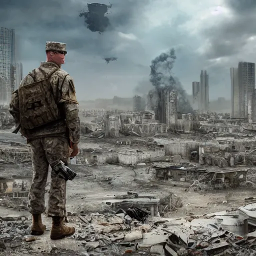 Prompt: a soldier standing in the middle of a post-apocalyptic ruined city with tall destroyed buildings, long shot from back, hyper realistic 4k high quality