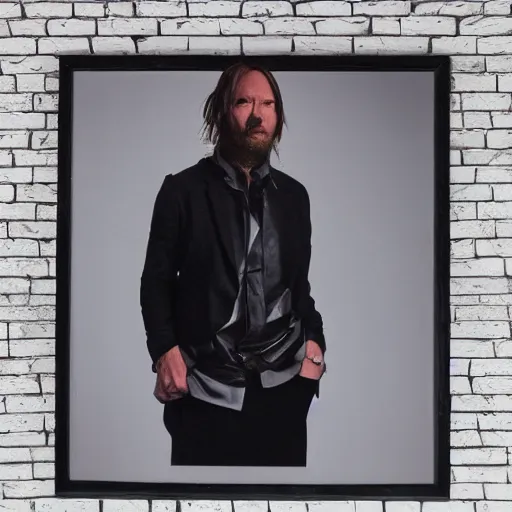 Image similar to Thom Yorke, a man with a beard and a black jacket, a portrait by John E. Berninger, dribble, neo-expressionism, uhd image, studio portrait, 1990s