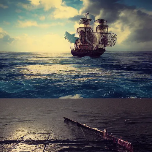 Image similar to a pirate ship background, octane render, ocean landscape,