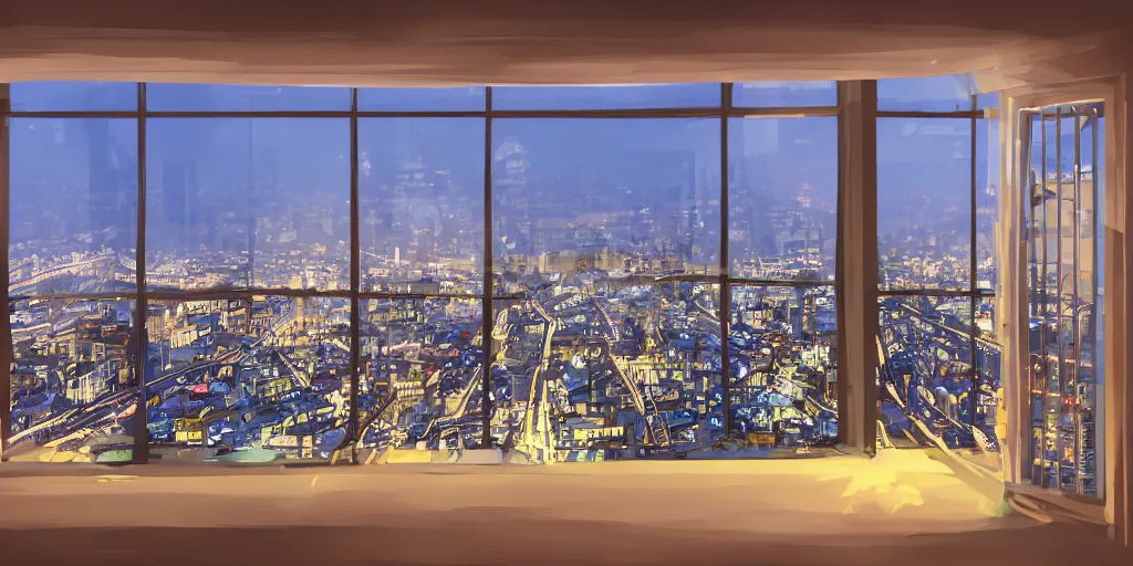 Image similar to night view of the city through a penthouse window, award - winning anime digital art