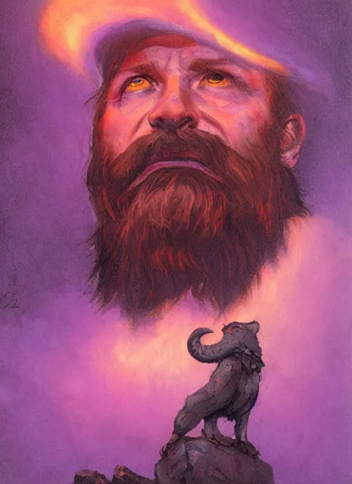 Image similar to portrait of grizzled sailor on sea of purple flame, coherent! by brom, deep color, strong line, high contrast