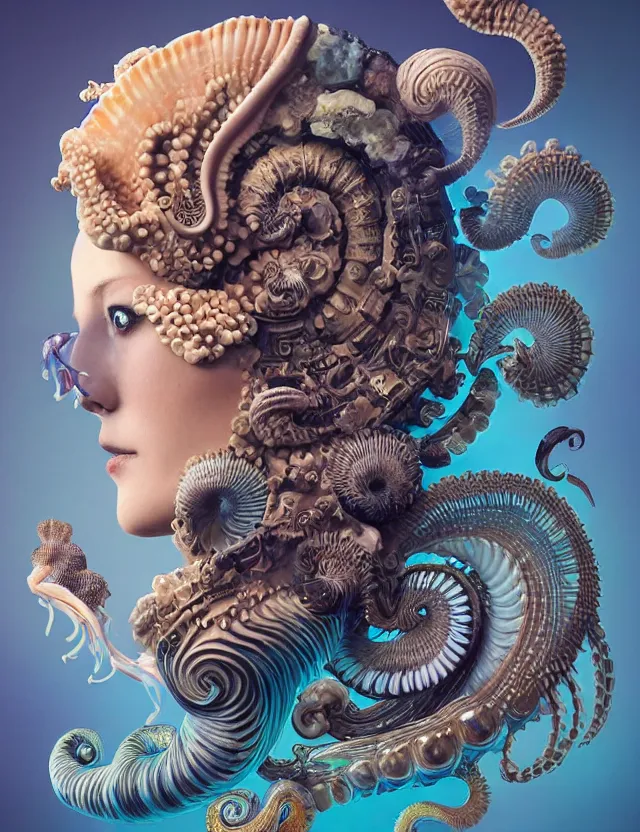 Prompt: 3 d goddess nautilus half - turn portrait with long hair with ram skull. beautiful intricately detailed japanese crow kitsune mask and clasical japanese kimono. betta fish, jellyfish phoenix, bio luminescent, plasma, ice, water, wind, creature, artwork by tooth wu and wlop and beeple and greg rutkowski