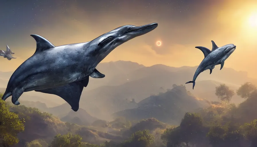 Image similar to highly detailed cinematic scifi render of a flying dolphin over the tuscany skies, cypresses and hills, stars and planets, hyper detailed, digital art, led lighting, studio quality, smooth render, unreal engine 5, octane render, trending on artstaion.