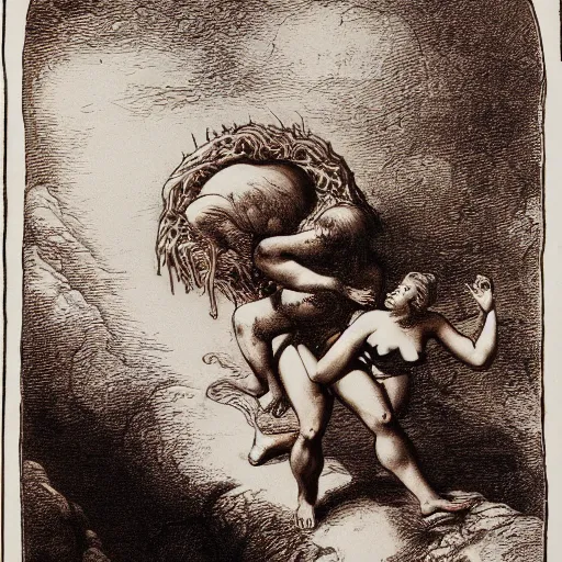 Image similar to Sisyphus carrying a fat lady on his shoulders up a mountain in hell, by Gustave Dore, rich colors, dark red orange brown black color palette