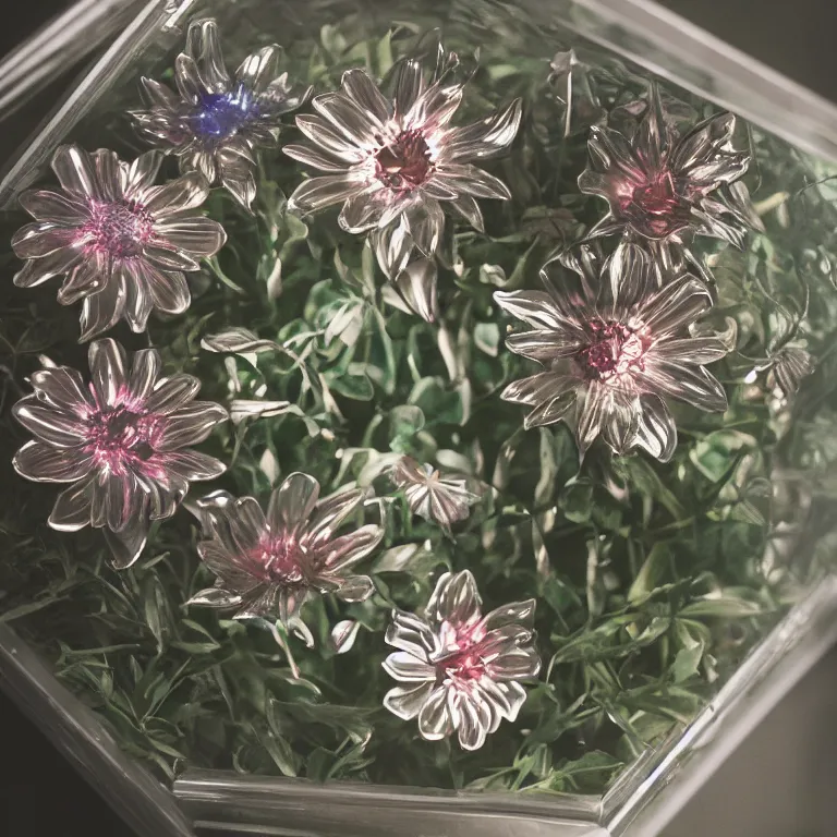 Image similar to flowers made of chrome in the terrarium, film photo, soft lighting, album cover