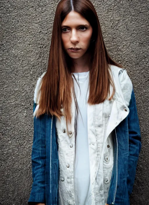 Prompt: color Close-up portrait of a beautiful, stylish, 30-year-old French woman street background, with long, straight hair, street portrait in the style of Mario Testino award winning, Sony a7R