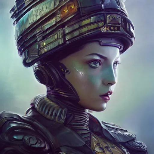 Image similar to retro futuristic female armed soldier portrait with open fractal ornate helmet, highly detailed, cinematic, 8k, by Stanley Artgermm, Tom Bagshaw, Greg Rutkowski, Vincent di Fate, Carne Griffiths, Ayami Kojima, trending on DeviantArt, hyper detailed, full of color, digital art,