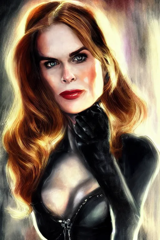 Image similar to portrait of a mix of beautiful young maria shriver, mariel hemmingway, brooke shields, nicole kidman and elle macpherson as catwoman, thin lips, hair tied up in a pony tail, colorful artstation, cgsociety