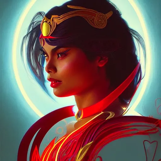 Image similar to lovi poe as darna, volumetric lights, red and cyan theme, art nouveau botanicals, intricate, highly detailed, digital painting, artstation, concept art, smooth, sharp focus, cinematic, illustration, beautiful face, art by artgerm and greg rutkowski and alphonse mucha