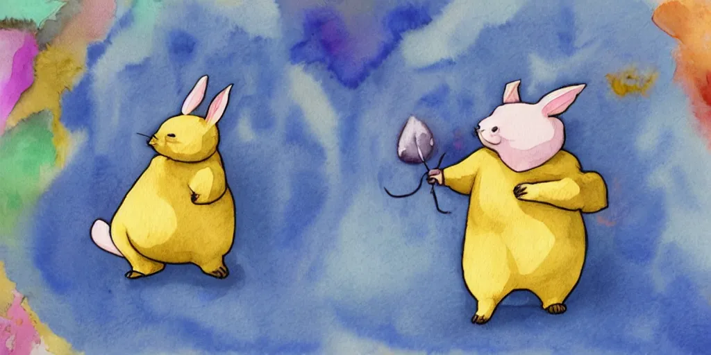 Prompt: drowzee making a new dream for a rabbit, watercolor, movie, concept art, warm lighting, vivid colours, cute