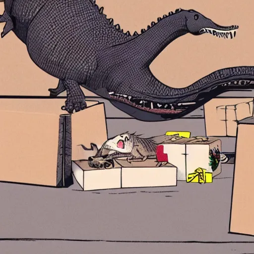 Image similar to Fisheve view of dinosaur stealing packages