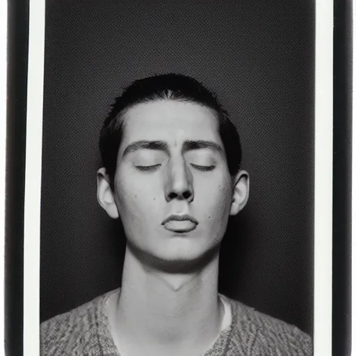 Prompt: a professional polaroid portrait fine art photo of a young adult man with an asymmetrical face with his eyes closed. the man has black hair, light freckled skin and a look of confusion on his face. extremely high fidelity. key light. in the style of gilbert & george.