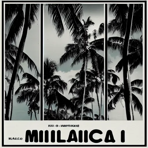 Image similar to miracle musical Hawaii part ii album cover, showing an ocean in the background, spiral transparent stairs on the left with tall palm trees behind it, a slight rainbow in the background, white outline border, moon in the right top area black and white except for the rainbow album cover with rainbow text in the middle reading Hawaii part ii
