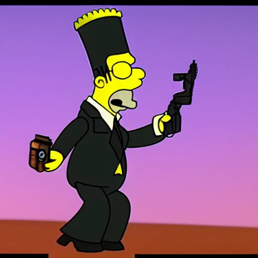 Prompt: Homer Simpson as James Bond, animation film opening sequence, pistol, HD still frame