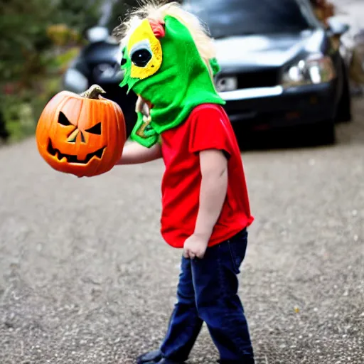Prompt: four year old boy dressed up as a turtle, halloween costume, blonde hair,