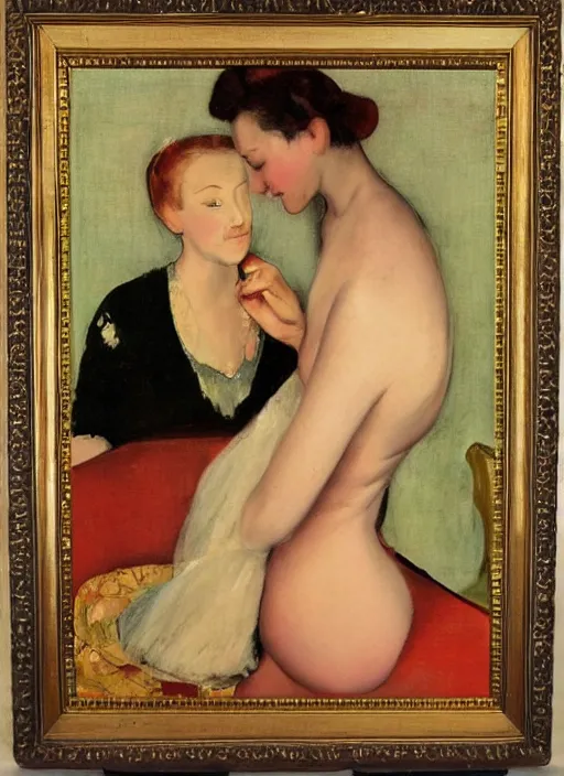 Prompt: vintage beautiful painting of a woman getting wrapped by a pear into a pear woman in Mary Cassatt style