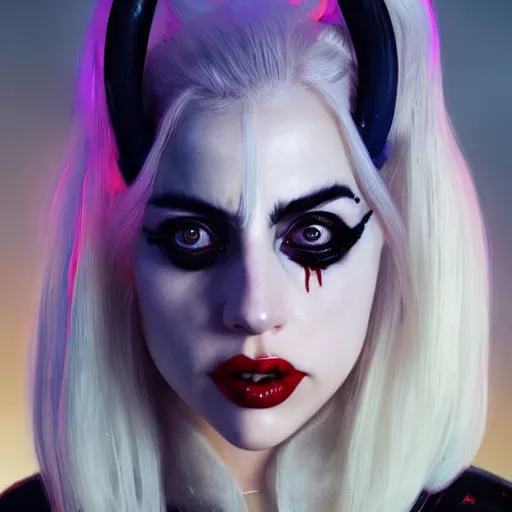 Image similar to a close up of lady Gaga as Harley Quinn by Greg Rutkowski, Sung Choi, Mitchell Mohrhauser, Maciej Kuciara, Johnson Ting, Maxim Verehin, Peter Konig, Zack Snyder, 8k photorealistic, cinematic lighting, HD, high details, dramatic, trending on artstation, full body shot