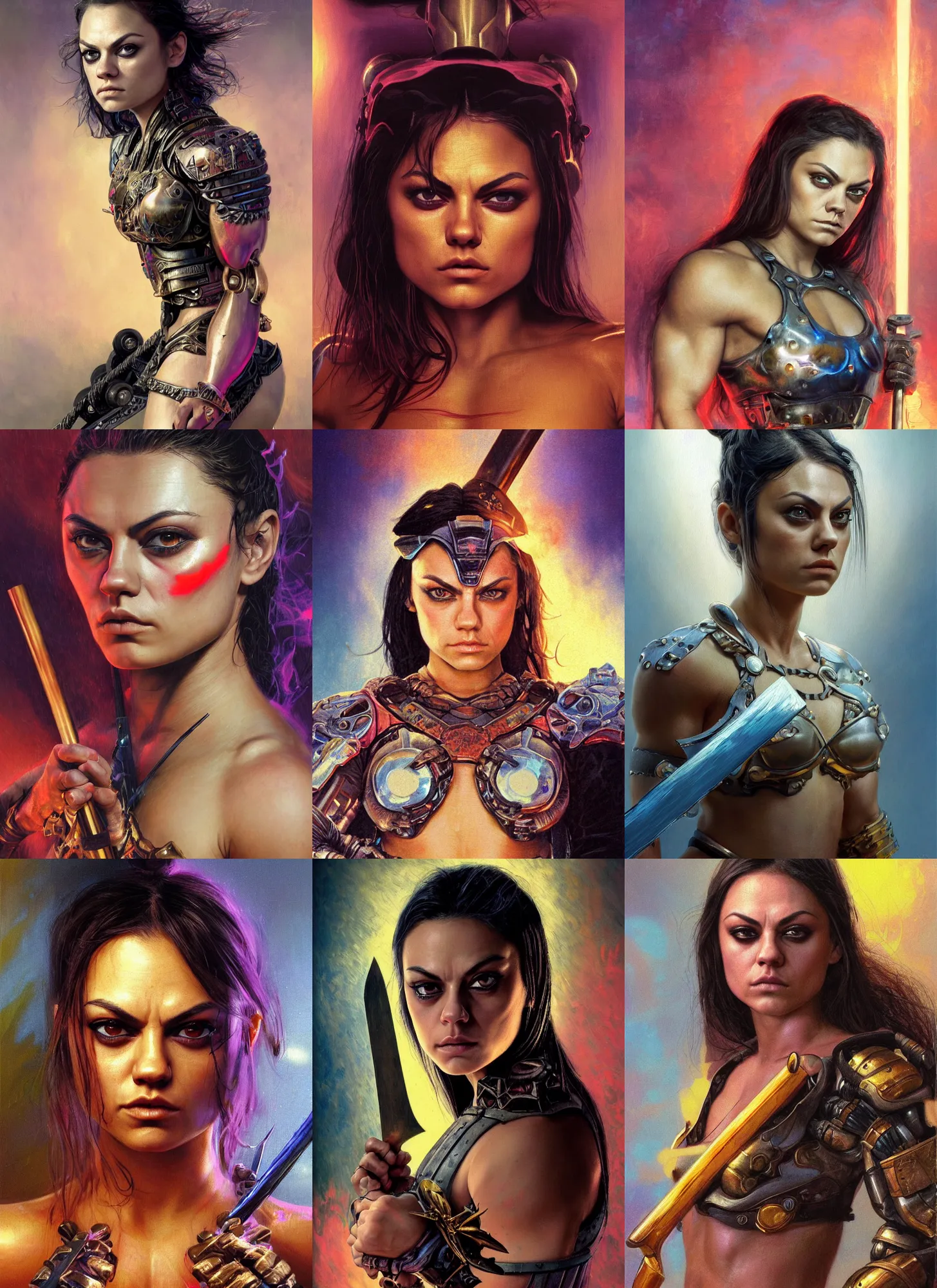Prompt: bodybuilder mila kunis closeup portrait of a beautiful biblical diabolical samurai girl looking into the camera holding a sword, cyborg neon lit lsd armor, puffs of smoke, golden hour, gerald brom, mikhail vrubel, peter elson, muted pastel colors, extreme detail, light rain, trending on artstation, 8 k