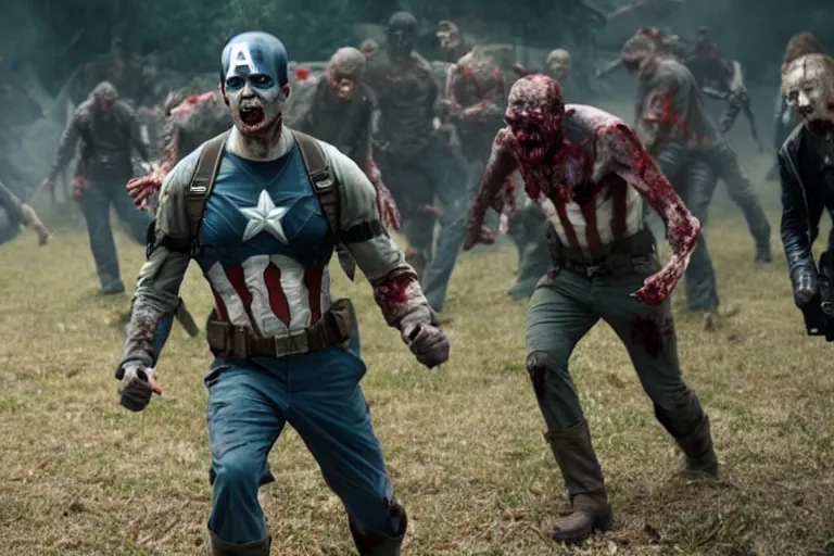 Prompt: film still of zombie zombie Captain America as a zombie in new avengers movie, 4k