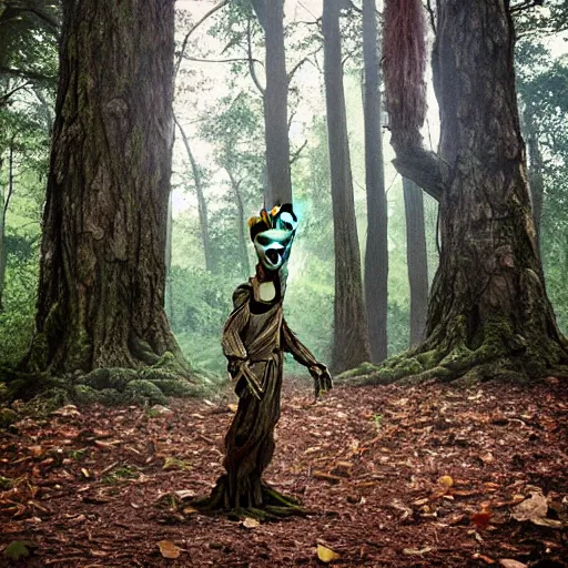 Prompt: I am groot in the woods, movie still, photography, DSLR 35mm, low light photography, happy